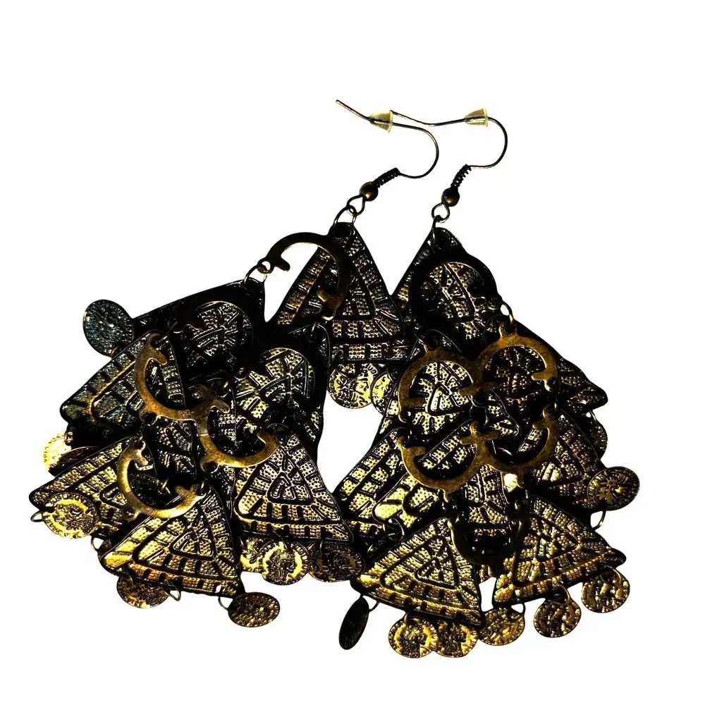 Vintage pierced earrings Boho Moroccan drop dangle brass gold movement statement
